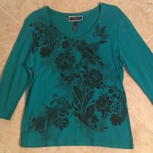 Karen Scott Teal and Black Floral Blouse
